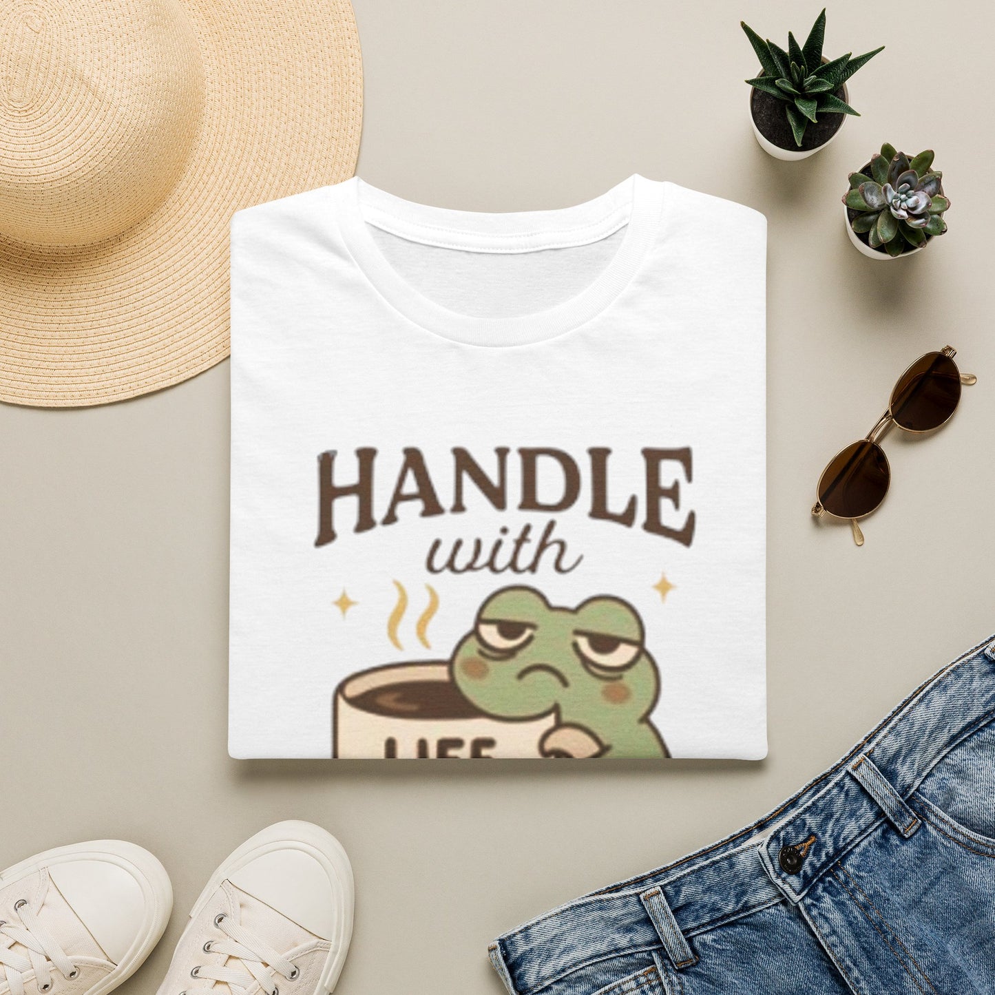T-Shirt — "Handle with Caffeine: Life Juice" Frog Coffee Tee