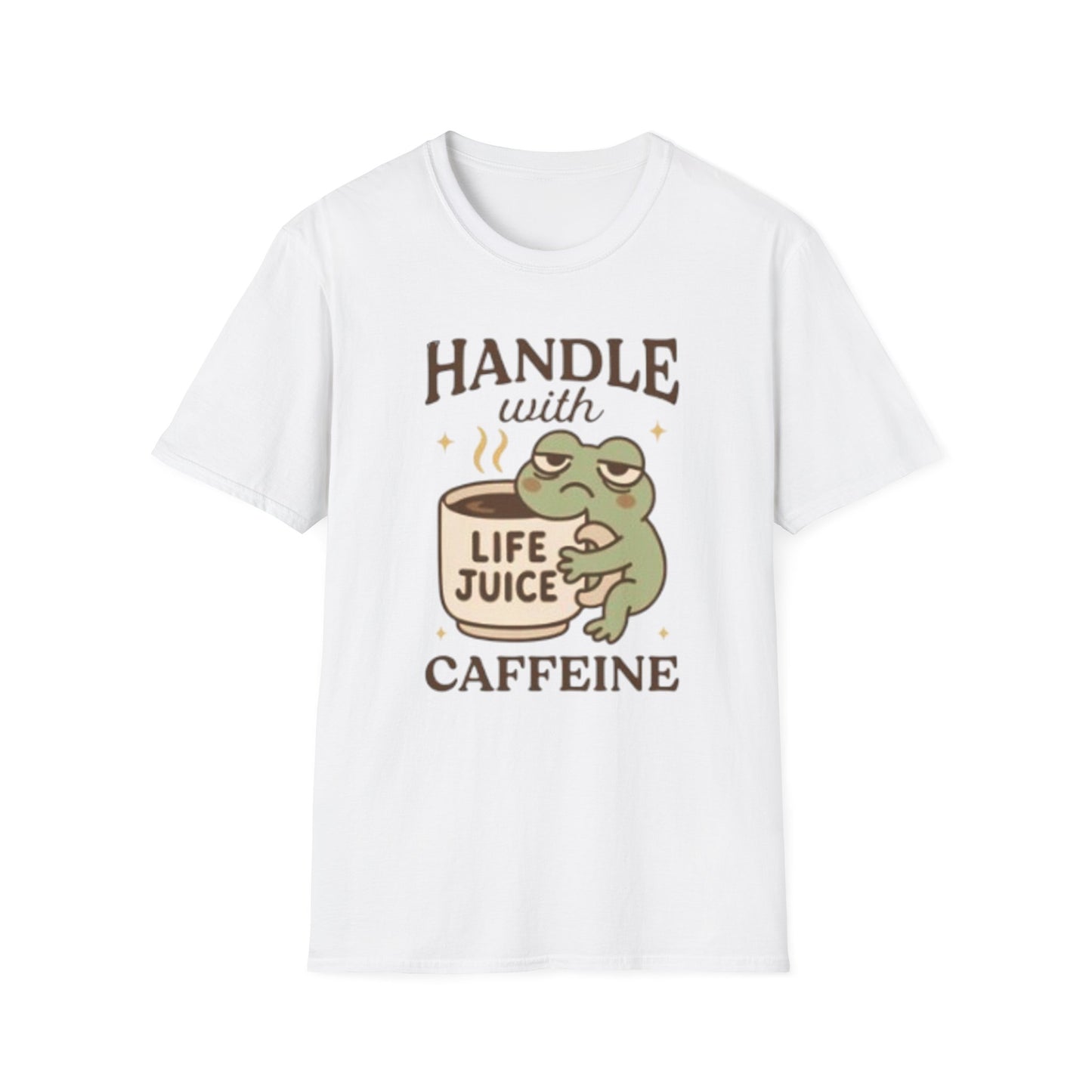 T-Shirt — "Handle with Caffeine: Life Juice" Frog Coffee Tee