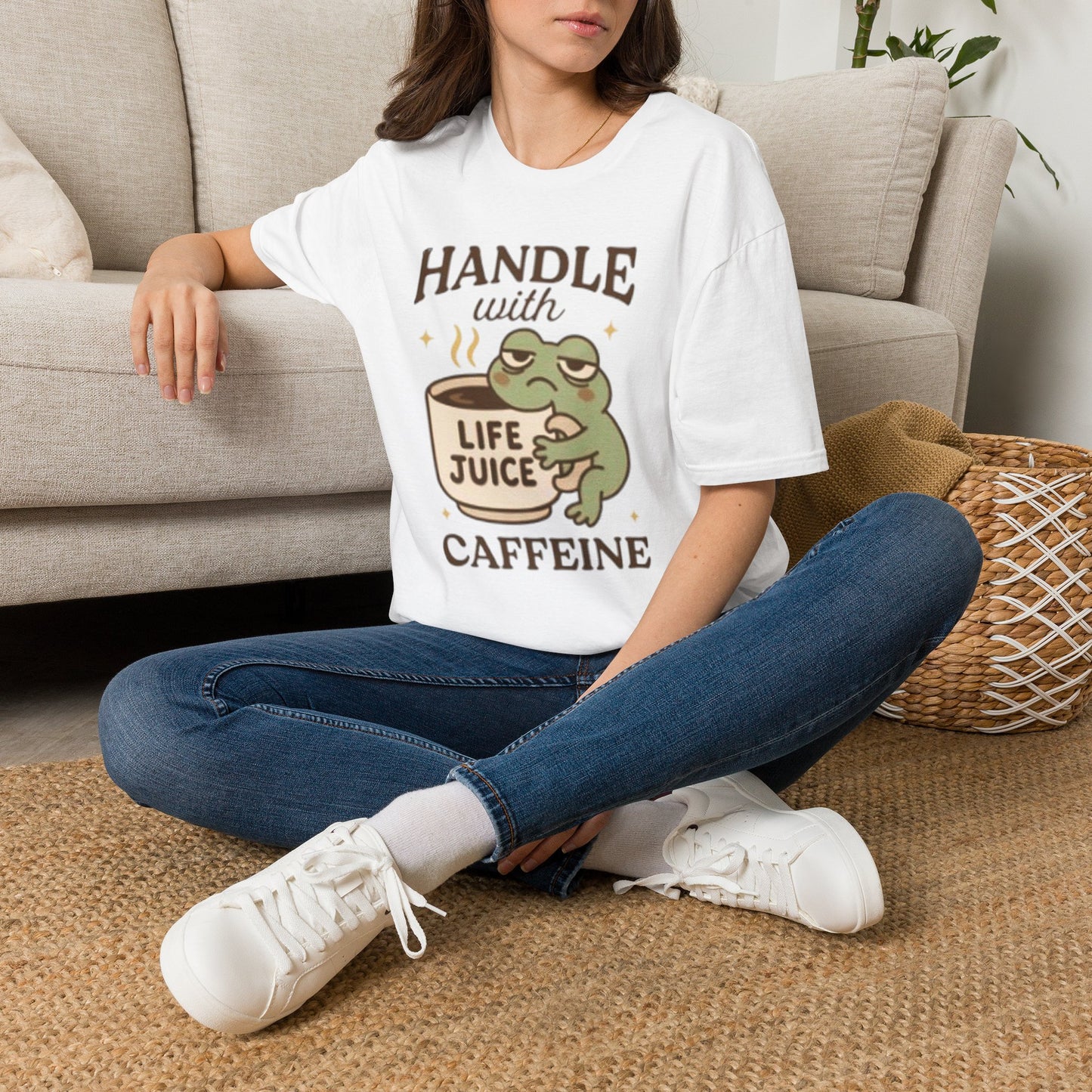 T-Shirt — "Handle with Caffeine: Life Juice" Frog Coffee Tee